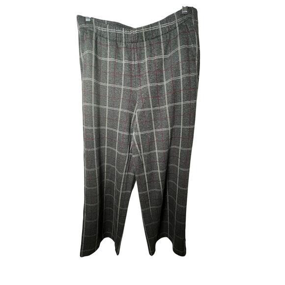 J Jill Women Medium  Petite Ponte‎ Pant Gray Burgundy Plaid Flat Front Wide Leg - Picture 1 of 14